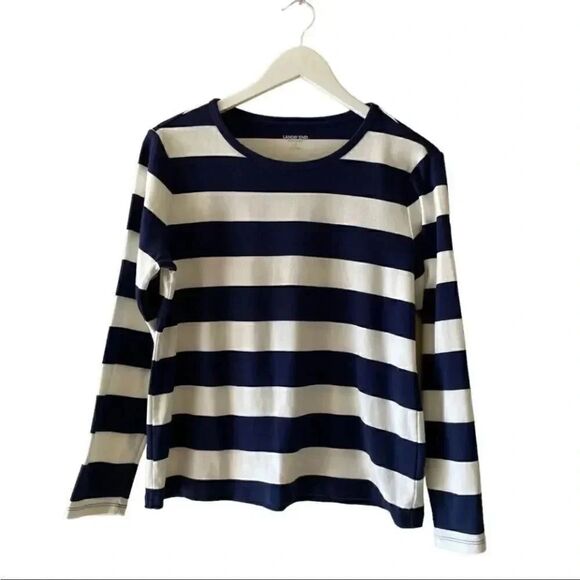 Lands’ End Stripped Blue White Crewneck Cottton Womens Long Sleeves Top SZ LP - Picture 1 of 13